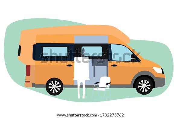 vector illustration. Yellow van, motorhome, travel,\
transport, trip, driver, passenger, car sharing, car delivery,\
transport, trip, road