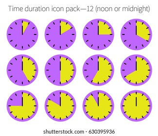 Vector illustration. Yellow and violet, time duration icon pack. 12 noon or midnight. Hours or minutes increment.