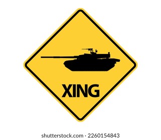 Vector illustration of yellow warning sign with tank icon inside. Army concept. Battlefield, war symbol. Caution.