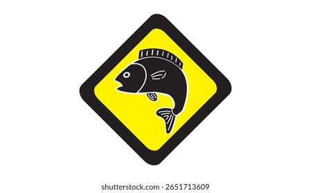 Ilustração vetorial de um sinal de aviso amarelo com um ícone de peixe preto. Adequado para uso em alertas de área de pesca, proteção ambiental, zonas de perigo aquático ou sinais de conscientização marinha.
