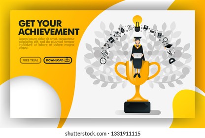 Vector illustration. Yellow website banner about get your achievement. bachelor sit on a trophy carrying a laptop and wearing toga. can use for online, print page, poster, mobile apps, UI. Flat style