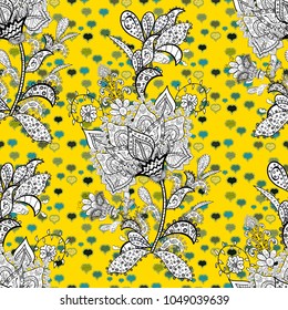 Vector illustration. Yellow, white and black colors with cute elements. Vector cute pattern. Oriental style arabesques. Seamless cute textured curls.