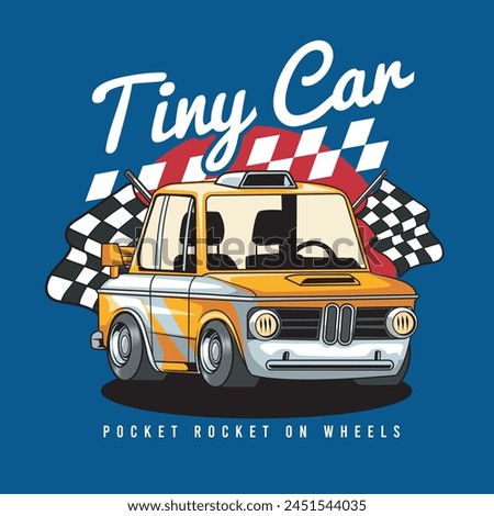 Vector Illustration of Yellow and White Mini Car and Flags with Vintage Illustration Available for Kids Badge