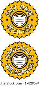 Vector illustration of a yellow and white, round, 'face mask required" sign, in English and Spanish.