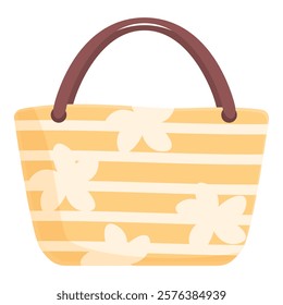 Vector illustration of a yellow and white striped beach bag with floral pattern