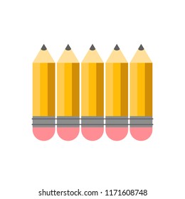 Vector illustration. Yellow Wooden sharp pencils with rubber isolated on white background.Classic shiny yellow pencil set