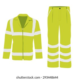 Vector illustration of yellow worker jacket and pants. Protective safety  jacket and pants with reflective stripes svg