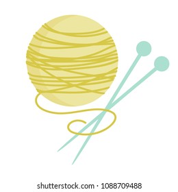 Vector illustration of yellow yarn ball with knitting needle. Cute Vector card for knitting. Design elements for handmade. Yarn ball and needles icon.
