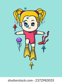 Vector Illustration of a yellow-haired girl diving with fish and jellyfish. Sports Icon Concept