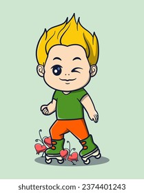 vector illustration of a yellow-haired man playing roller skating. hobby icon concept