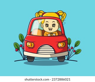 vector illustration of a yellow-haired woman driving a car, plants around her. lifestyle icon concept