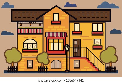 Vector illustration of yellow-orange house with stairs and terrace. Colorful flat residential house. House exterior vector simple illustration, front view with roof. Set of house, lamp, steet, trees.