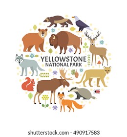 Vector illustration of Yellowstone National Park animals and plants arranged in a circle. Moose, elk, bear, wolf, fox, bison, badger, wolverine, mountain lion, bald eagle, isolated on white.