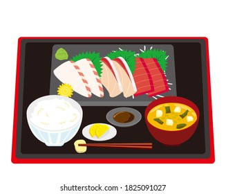 Vector illustration of yellowtail, sea bream and tuna. Rice and miso soup