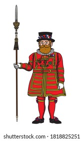 Vector illustration of a Yeoman Warder popularly known as the Beefeater, ceremonial guardian of the Tower of London