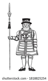 Vector illustration of a Yeoman Warder popularly known as the Beefeater, ceremonial guardian of the Tower of London