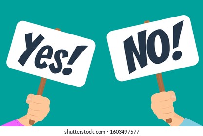 Vector illustration of Yes No banner in human hand. Test question.