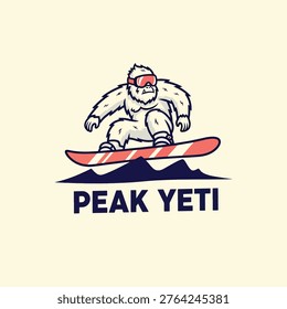Una Ilustración vectorial de un personaje yeti con gafas y tabla de snowboard sobre picos montañosos estilizados con texto en negrita a continuación.