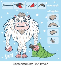 vector illustration of a yeti with a green tree in his hand, with a set of hairstyles and mouth, on a blue background with snow