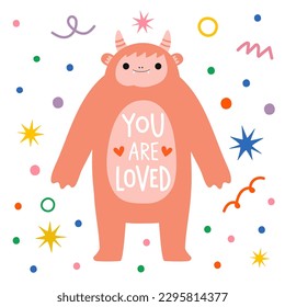 Vector illustration with yeti and lettering quote. You are loved. Colored typography poster, apparel print design, inspirational greeting card