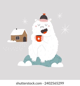 Vector illustration with a yeti monster having in a hat a cup of tea among winter scene. Great for greeting cards, kids prints, posters