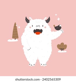 Vector illustration with a yeti monster holding a bird. Great for greeting cards, kids prints, posters