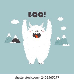 Vector illustration with a yeti monster saying BOO. Adorable character in a mountain scene. Great for greeting cards, kids prints, posters