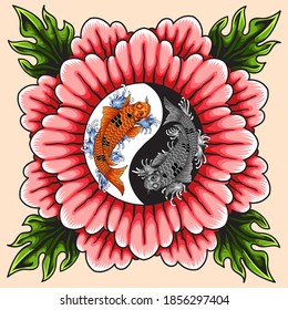 Vector illustration of yin yang Japanese koi fish in tattoo style