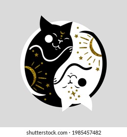 Vector illustration of a yin yang symbol in the form of cats. Black and white cat. Chinese symbol of creative unity of opposites in the universe isolated on gray background. 