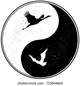 vector illustration of yin yang witn raven and crane