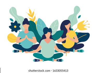 Vector illustration. yoga body health benefits, mind and emotions, pregnant woman in yoga pose meditates, preparation for childbirth.