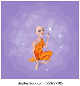 Vector illustration. Yoga boy sitting and looking at the star. Background - abstract of circles and polygons.