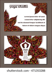 Vector illustration, yoga card with hand drawn oriental ornament on white background