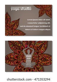 Vector illustration, yoga card with hand drawn oriental ornament on gray background