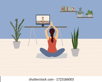 Vector illustration of yoga classes with an online trainer. Concept during the quarantine period. Stay home, self-isolation, online education. Young woman plays sports at home.