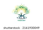 Vector illustration of Yoga day greeting card. Group of people practicing yoga. International yoga day background.
