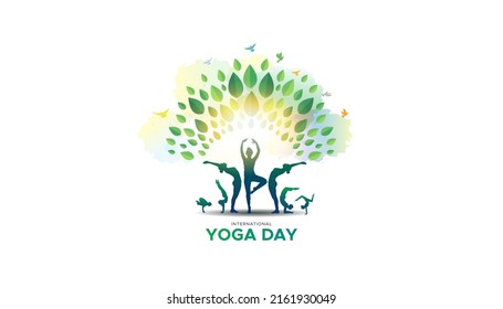 Vector illustration of Yoga day greeting card. Group of people practicing yoga. International yoga day background. - Shutterstock ID 2161930049