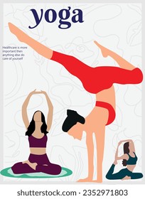 Vector illustration of Yoga day greeting card. Group of people practicing yoga. international yoga day. yoga body posture. 