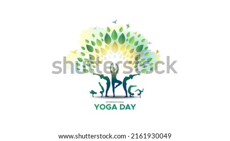 Vector illustration of Yoga day greeting card. Group of people practicing yoga. International yoga day background.