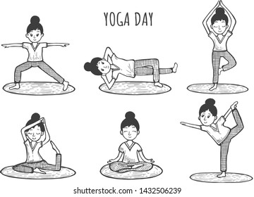 Vector illustration of yoga day training poses set. Female character doing lotus, tree, warrior and others position. Vintage hand drawn style.
