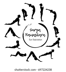 Vector illustration of yoga exercise Sun Salutation - Surya Namaskara. Black silhouettes of slim women in different yoga positions in circle composition.