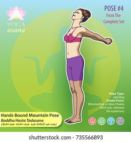 Vector illustration of Yoga Exercises with full text description, names and symbols of the involved chakras. Female figure showing the position of the body, posture or asana in standing position.