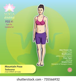 Vector illustration of Yoga Exercises with full text description, names and symbols of the involved chakras. Female figure showing the position of the body, posture or asana in standing position.