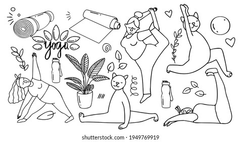 Vector illustration with yoga exercises and setting. houseplants, girls, lettering. The object is isolated on a white background.
