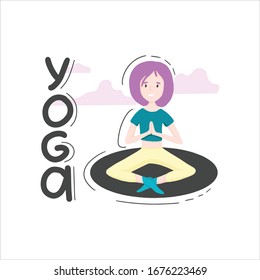 Imagen vectorial del "yoga" en estilo plano. Sentada en posición de loto chica con pelo púrpura. Color blanco de fondo con nubes y texto Yoga. Para póster impreso, diseño de estudio de yoga, diseño de artículos