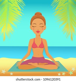 Vector illustration of yoga girl character sitting in meditation pose on a sea beach background. Cartoon yoga woman icon.