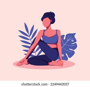 Vector illustration Yoga Girl doing yoga sitting in a pose meditation on vacation illustration without a face