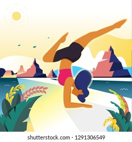 Vector illustration - yoga girl. Fitness characters on park landscape background. Exercise people healthy life. Banner, site, poster template. art.  background