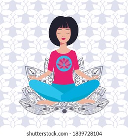 Vector illustration with Yoga girl in lotus position and background with lotus flowers.