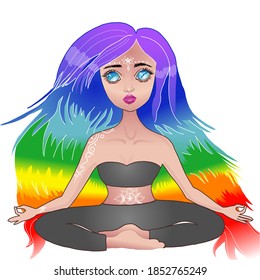 Vector illustration of yoga girl with rainbow chakras hair and sky eays.